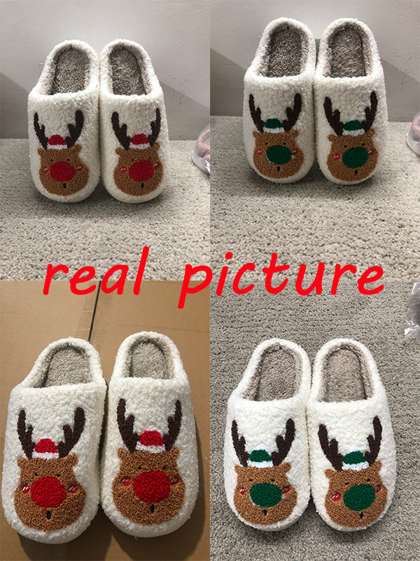 Christmas Elk Winter Slippers – Cozy Plush Unisex House Shoes with Warm Artificial Wool Lining & Anti-Slip Sole