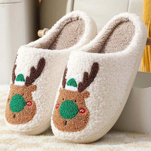 Christmas Elk Winter Slippers – Cozy Plush Unisex House Shoes with Warm Artificial Wool Lining & Anti-Slip Sole