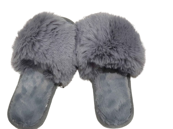 Grey Open-Toe Fluffy Slippers – Ultra-Soft Faux Fur Slider Sandals with Padded Sole & Snug Fit