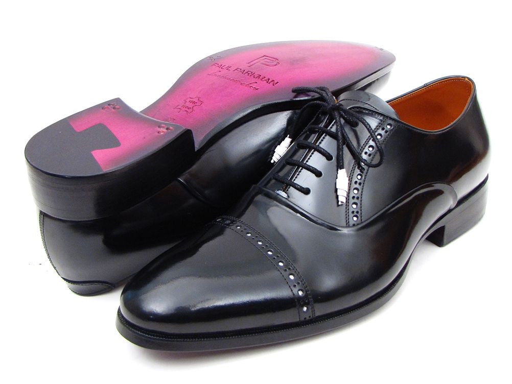 Paul Parkman Men's Black Cap Toe Oxford Dress Shoes – Polished Leather with White Brogue Detailing & Purple Leather Sole | ID#78RG61