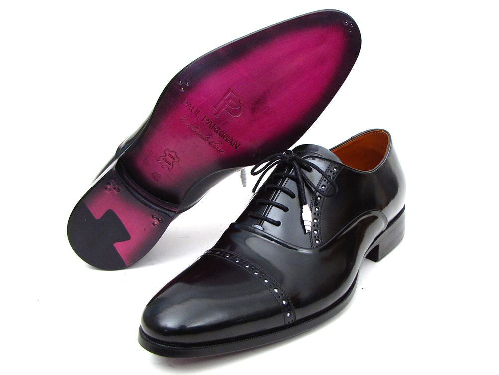 Paul Parkman Men's Black Cap Toe Oxford Dress Shoes – Polished Leather with White Brogue Detailing & Purple Leather Sole | ID#78RG61