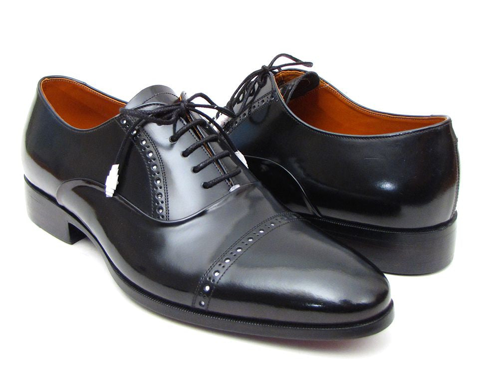 Paul Parkman Men's Black Cap Toe Oxford Dress Shoes – Polished Leather with White Brogue Detailing & Purple Leather Sole | ID#78RG61