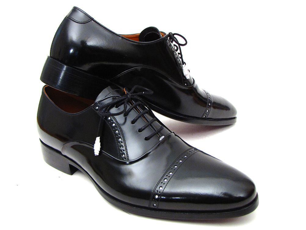 Paul Parkman Men's Black Cap Toe Oxford Dress Shoes – Polished Leather with White Brogue Detailing & Purple Leather Sole | ID#78RG61