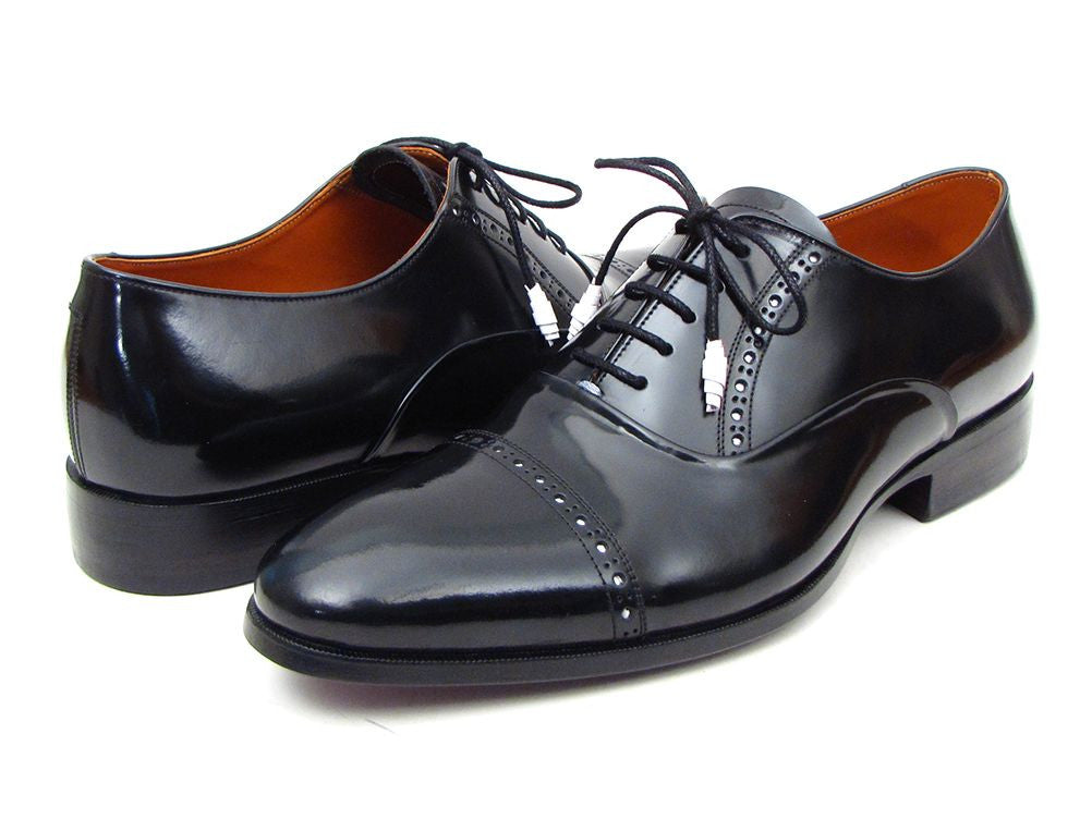 Paul Parkman Men's Black Cap Toe Oxford Dress Shoes – Polished Leather with White Brogue Detailing & Purple Leather Sole | ID#78RG61