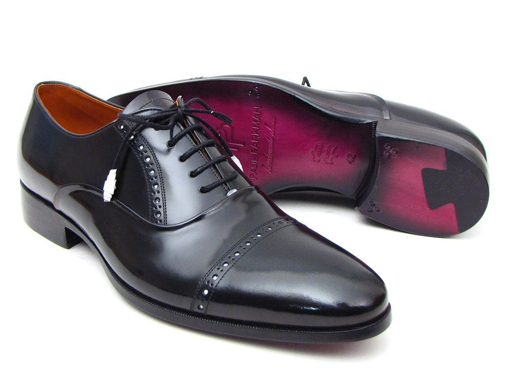 Paul Parkman Men's Black Cap Toe Oxford Dress Shoes – Polished Leather with White Brogue Detailing & Purple Leather Sole | ID#78RG61