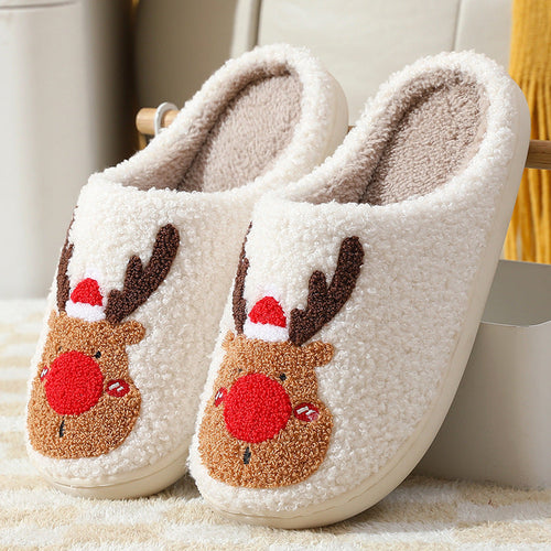 Christmas Elk Winter Slippers – Cozy Plush Unisex House Shoes with Warm Artificial Wool Lining & Anti-Slip Sole