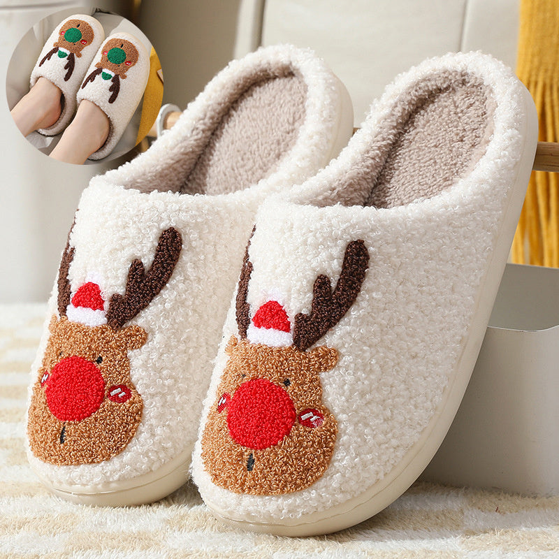 Christmas Elk Winter Slippers – Cozy Plush Unisex House Shoes with Warm Artificial Wool Lining & Anti-Slip Sole