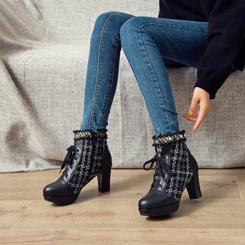 Women’s Short Ankle Boots – Stitching Lace-Up Thick Heel Shoes with Side Zipper, Round Toe, 6–8cm Heel