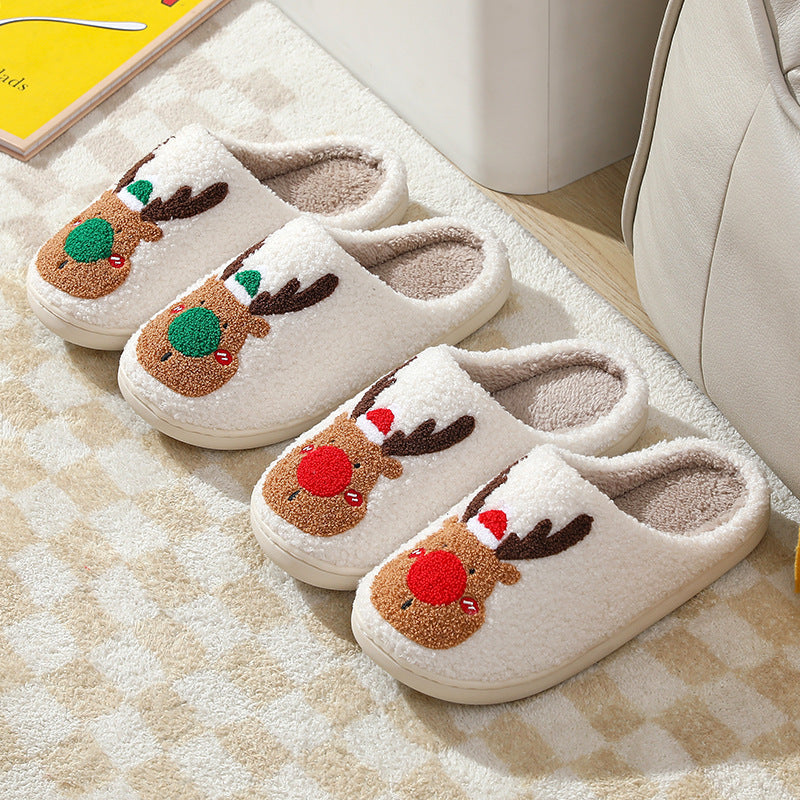 Christmas Elk Winter Slippers – Cozy Plush Unisex House Shoes with Warm Artificial Wool Lining & Anti-Slip Sole