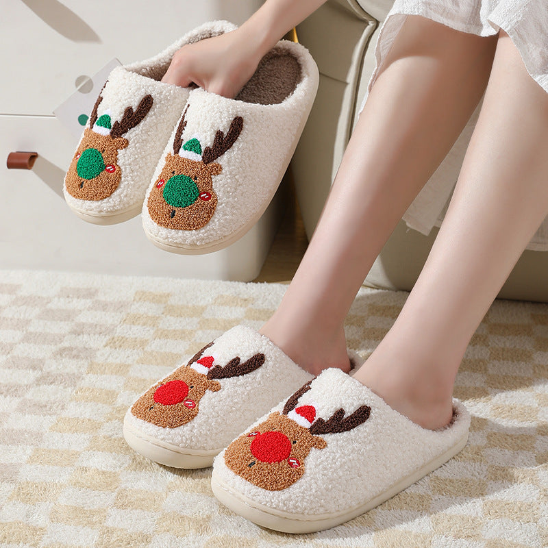Christmas Elk Winter Slippers – Cozy Plush Unisex House Shoes with Warm Artificial Wool Lining & Anti-Slip Sole