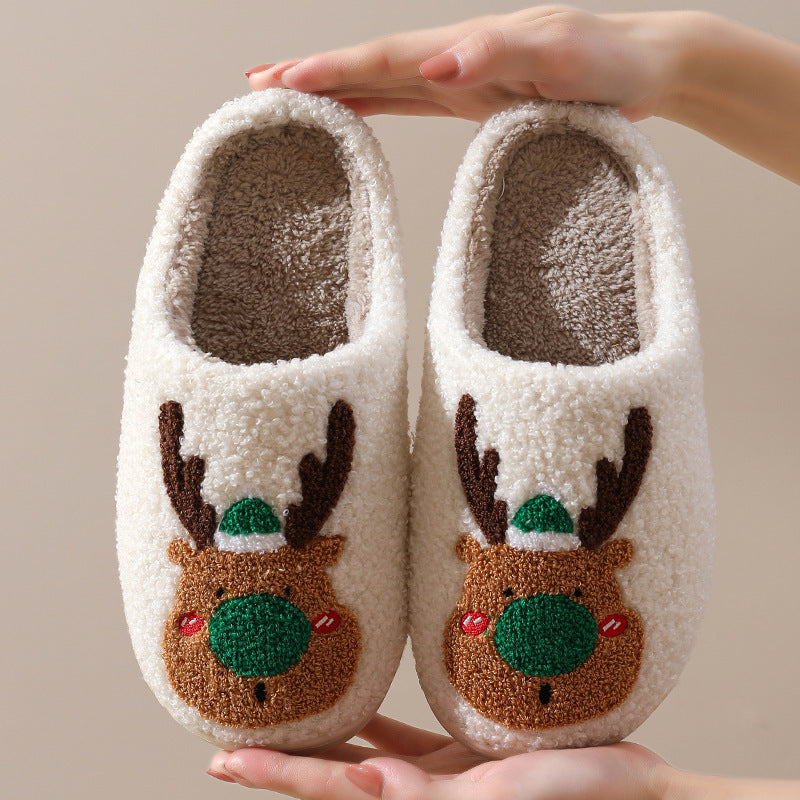 Christmas Elk Winter Slippers – Cozy Plush Unisex House Shoes with Warm Artificial Wool Lining & Anti-Slip Sole
