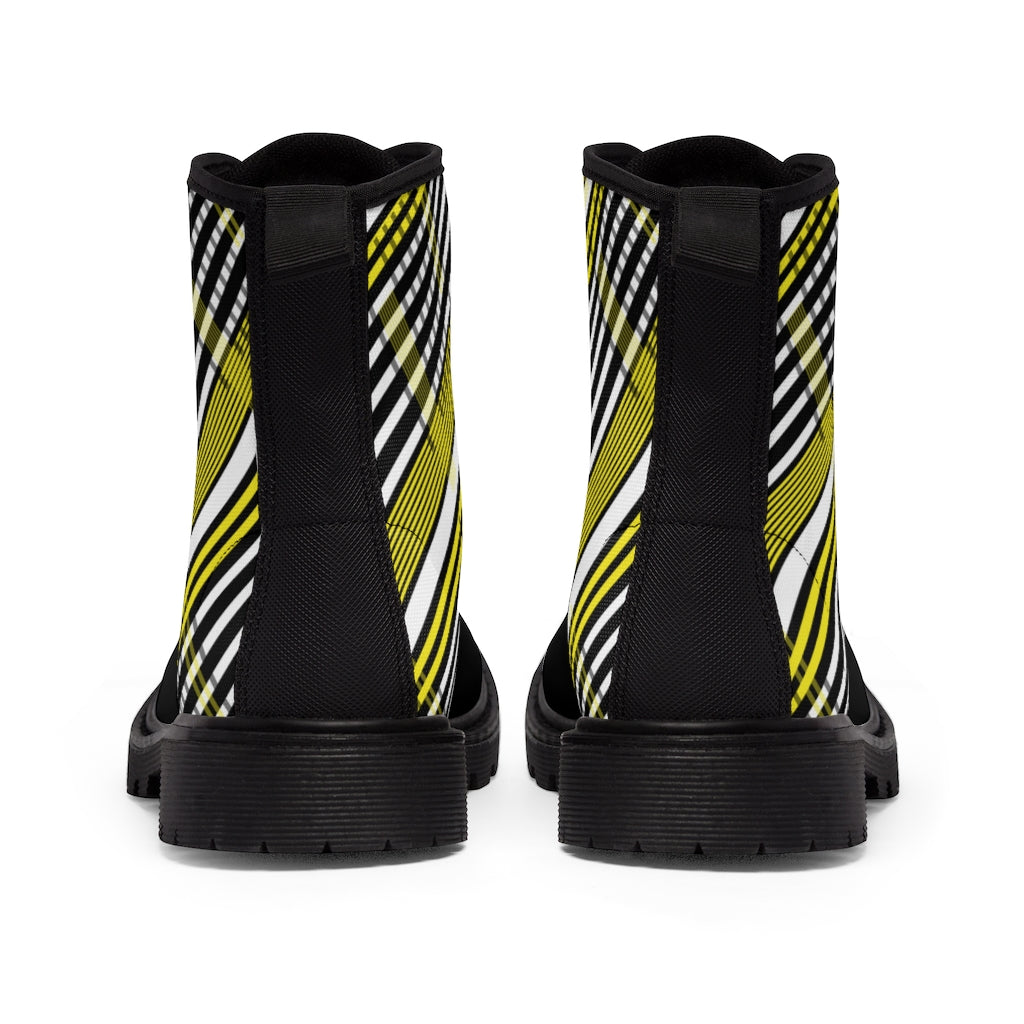 2882Sport™ Para Você Dark Academia Plaid Canvas Boots – Black Nylon-Canvas Ankle Boots with Rubber Sole & Pull Loop