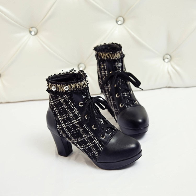 Women’s Short Ankle Boots – Stitching Lace-Up Thick Heel Shoes with Side Zipper, Round Toe, 6–8cm Heel