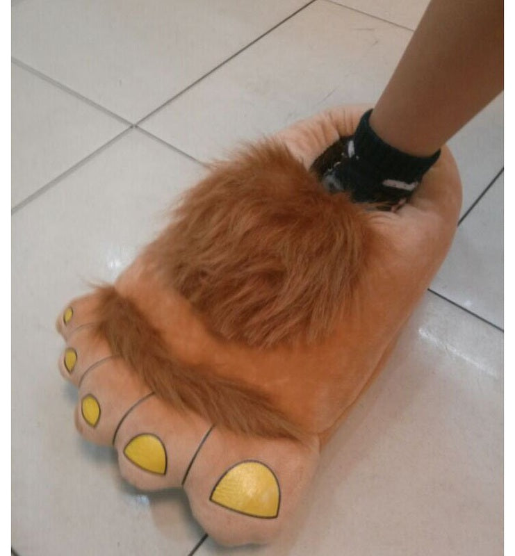 Furry Adventure Slippers – Unisex Closed-Toe Plush House Shoes with Textured Non-Slip Rubber Sole, Brown & Pink