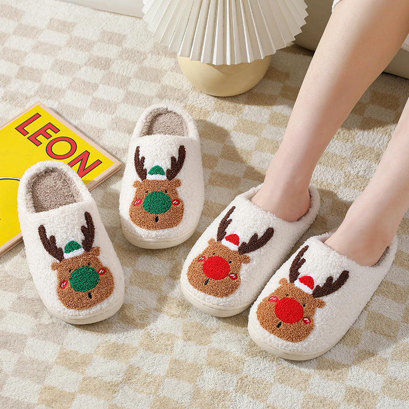 Christmas Elk Winter Slippers – Cozy Plush Unisex House Shoes with Warm Artificial Wool Lining & Anti-Slip Sole