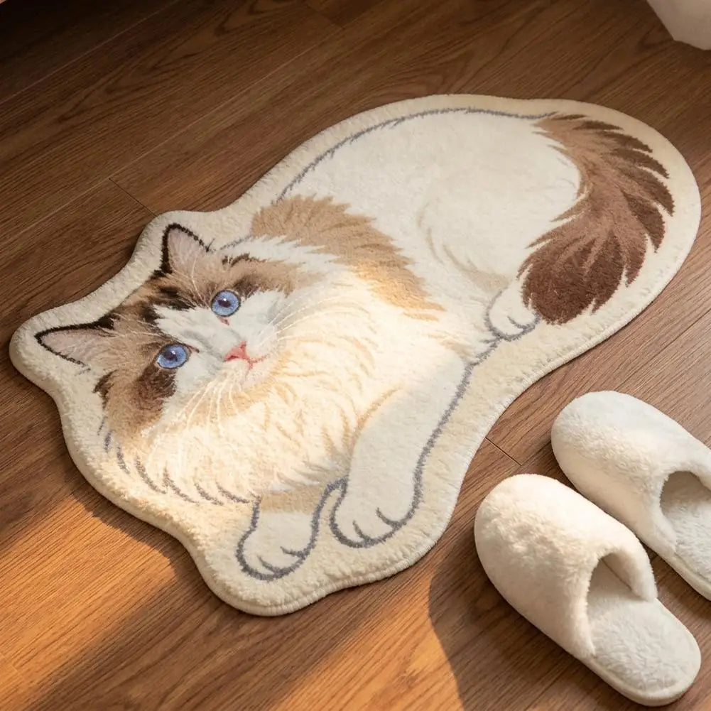 Cute Cat Shaped Rug 40×60cm, Irregular Plush Polyester Floor Mat with PP Backing, Soft Animal Carpet for Bedroom, Bathroom, Living Room & Cat Lovers