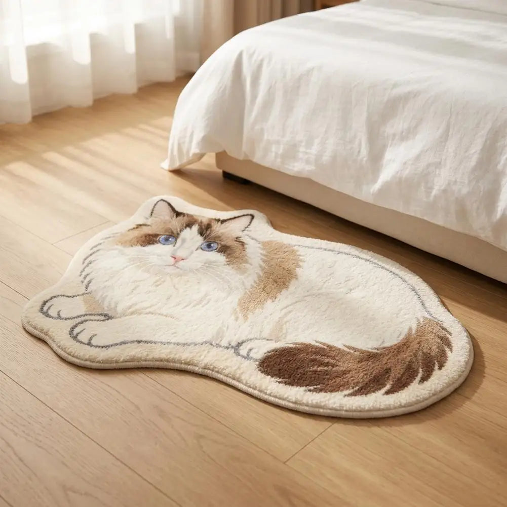 Cute Cat Shaped Rug 40×60cm, Irregular Plush Polyester Floor Mat with PP Backing, Soft Animal Carpet for Bedroom, Bathroom, Living Room & Cat Lovers