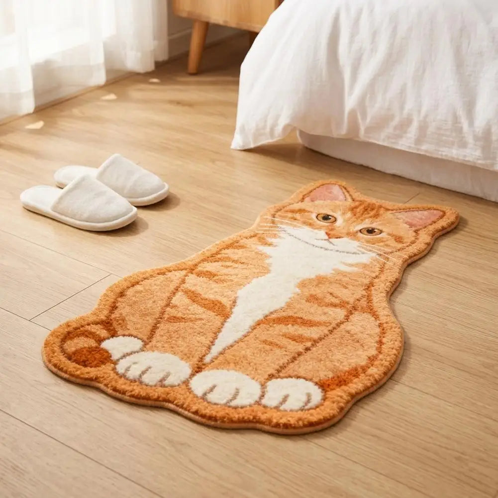 Cute Cat Shaped Rug 40×60cm, Irregular Plush Polyester Floor Mat with PP Backing, Soft Animal Carpet for Bedroom, Bathroom, Living Room & Cat Lovers