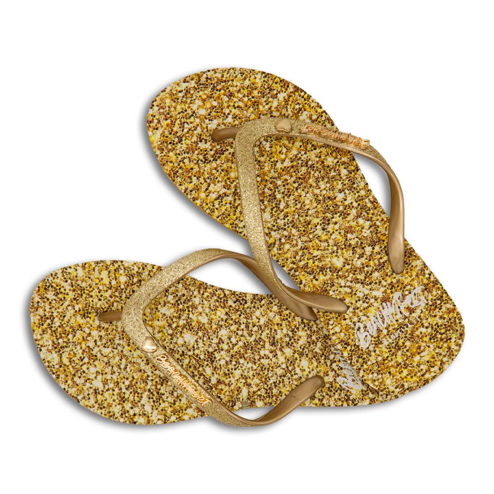 BeachyFeet® Golden Shimmer Women’s Flip Flops – Gold Glitter Strap & Shimmer Print Sole with Textured Footbed