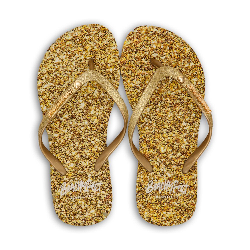 BeachyFeet® Golden Shimmer Women’s Flip Flops – Gold Glitter Strap & Shimmer Print Sole with Textured Footbed