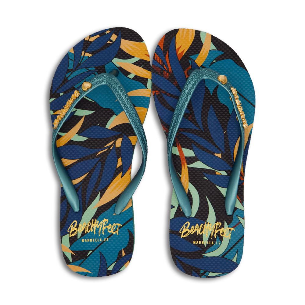 BeachyFeet® Las Palmeras Women's Flip Flops – Tropical Palm Sunset Print with Textured Footbed & Flexible Rubber Sole