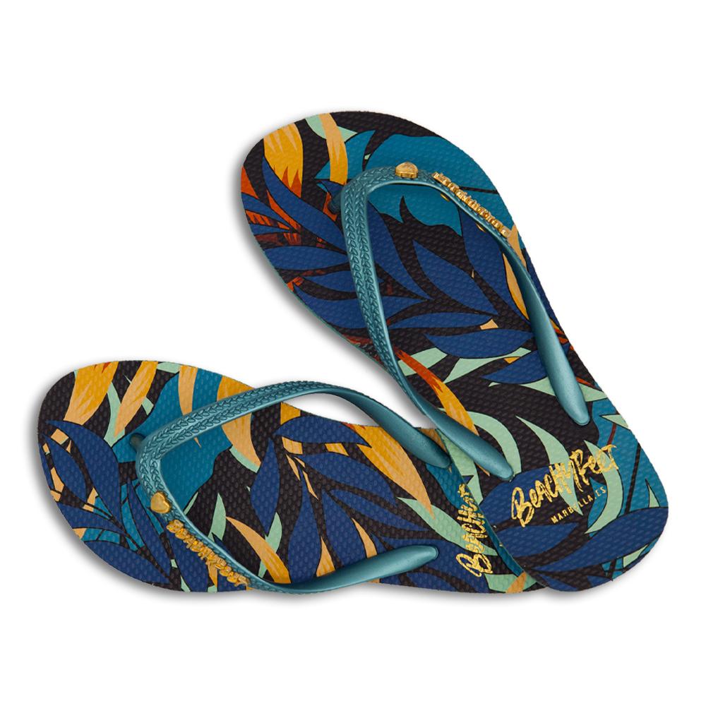 BeachyFeet® Las Palmeras Women's Flip Flops – Tropical Palm Sunset Print with Textured Footbed & Flexible Rubber Sole
