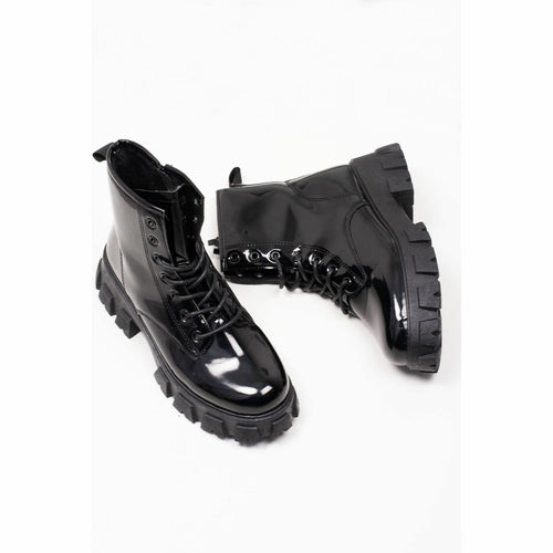 J5FASHION Black Lace-Up Chunky Ankle Boots – Cleated Patent Faux Leather Platform Boots
