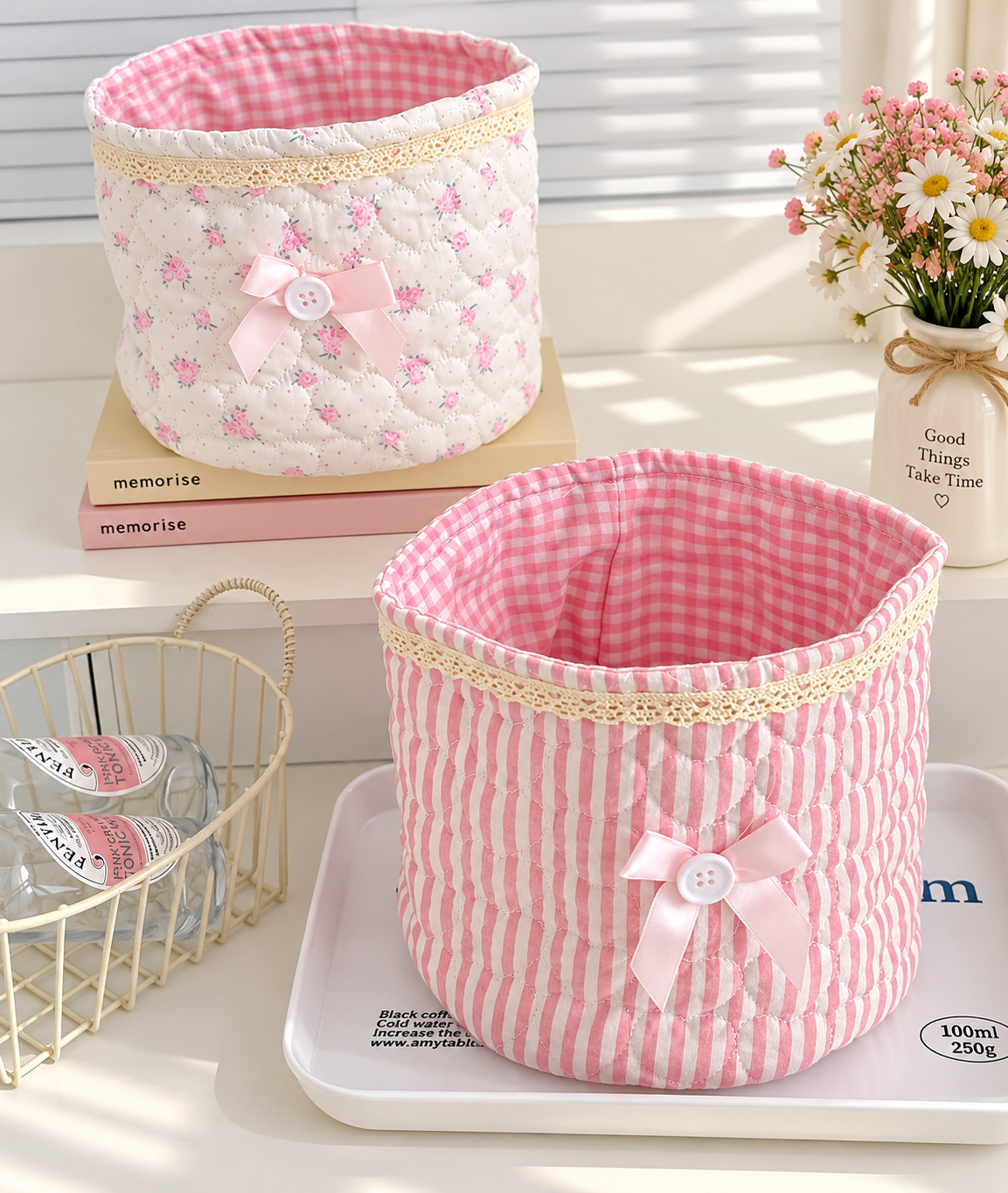 Cute Quilted Fabric Storage Basket – Foldable Round Desktop Organizer | Boho Home Decor