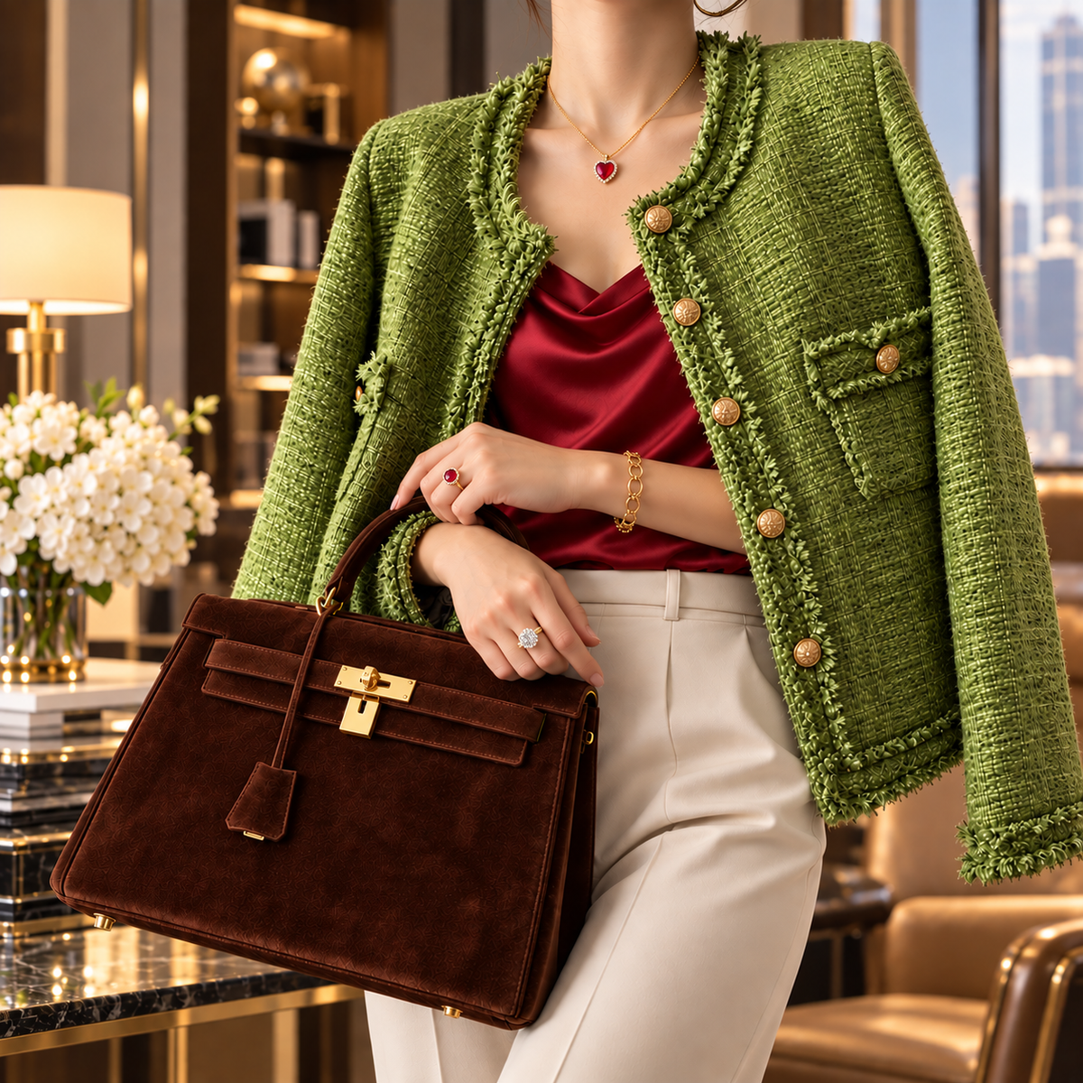 Korean Women's Green Tweed Jacket | O-Neck Long Sleeve Casual Coat