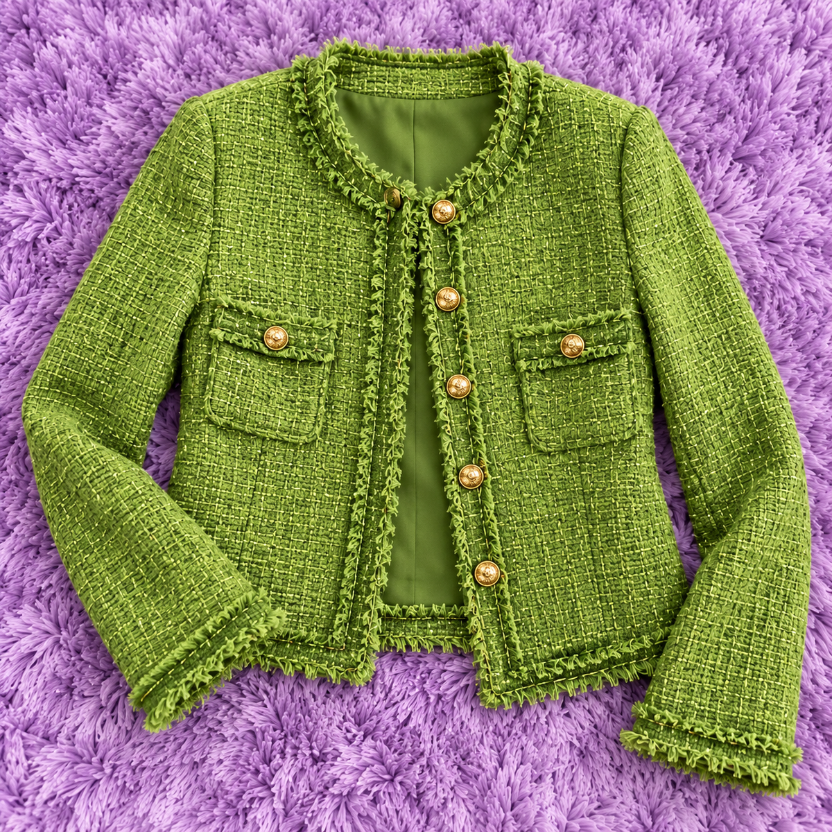 Korean Women's Green Tweed Jacket | O-Neck Long Sleeve Casual Coat