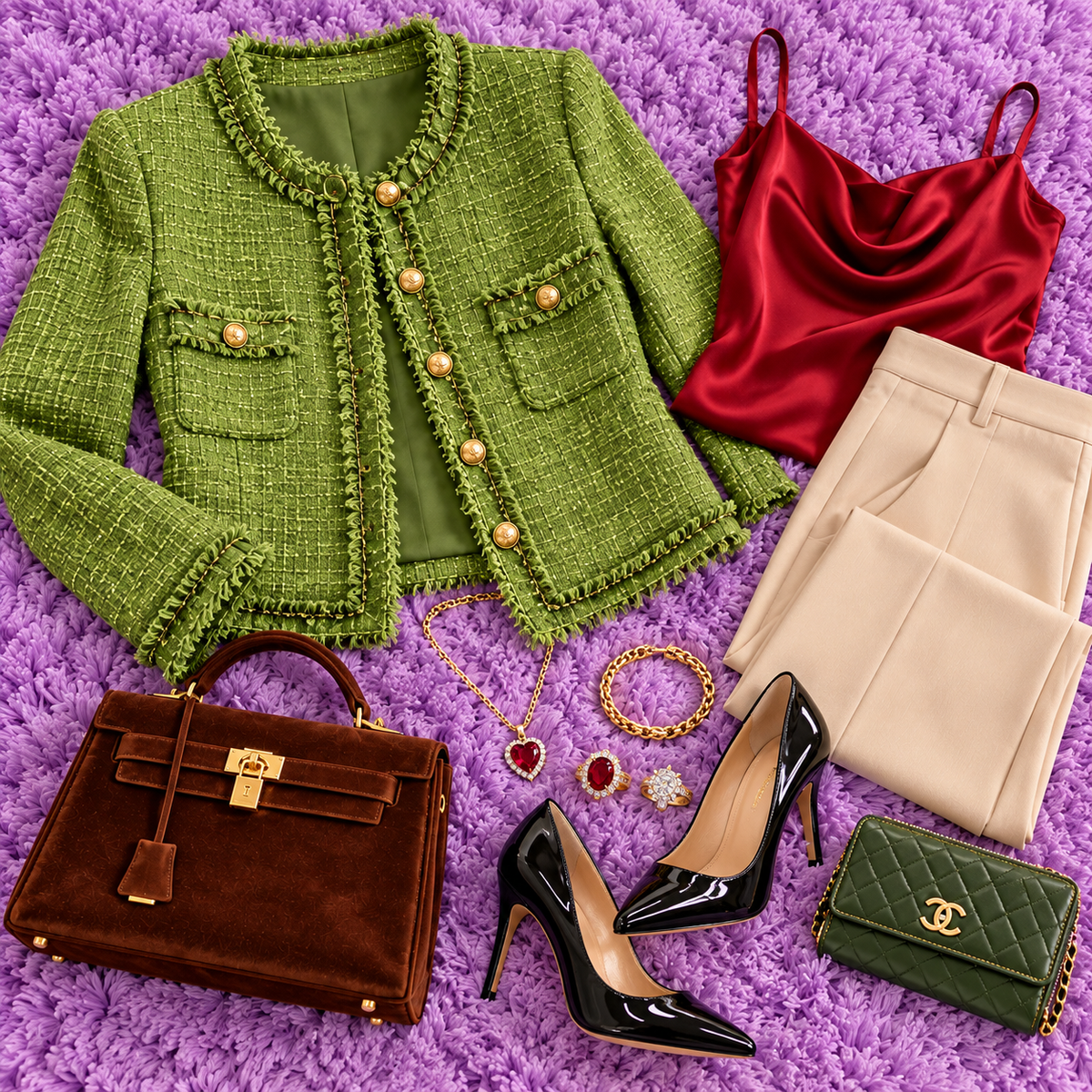 Korean Women's Green Tweed Jacket | O-Neck Long Sleeve Casual Coat