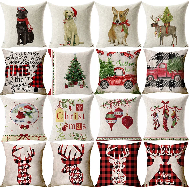 Christmas Elk Santa Cushion Cover 45×45cm, Cartoon Printed Linen Cotton Pillowcase, Festive Holiday Throw Pillow Cover for Sofa, Bed, Chair & Home Decor