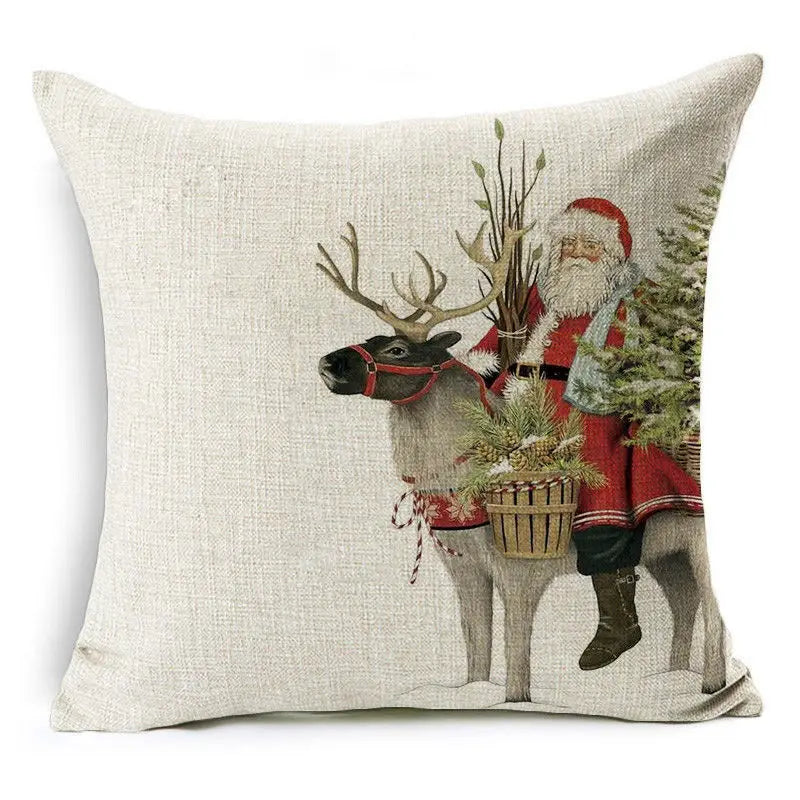 Christmas Elk Santa Cushion Cover 45×45cm, Cartoon Printed Linen Cotton Pillowcase, Festive Holiday Throw Pillow Cover for Sofa, Bed, Chair & Home Decor