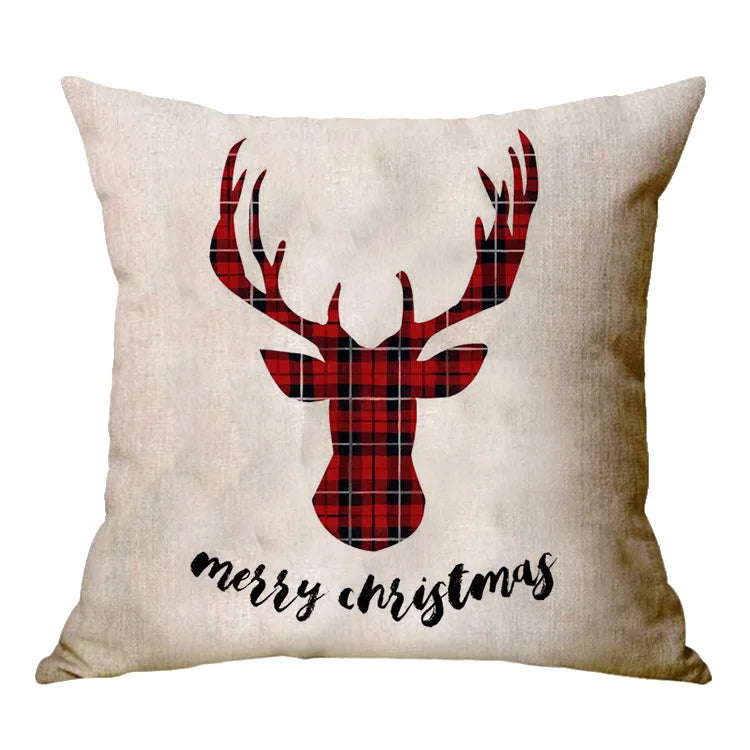 Christmas Elk Santa Cushion Cover 45×45cm, Cartoon Printed Linen Cotton Pillowcase, Festive Holiday Throw Pillow Cover for Sofa, Bed, Chair & Home Decor
