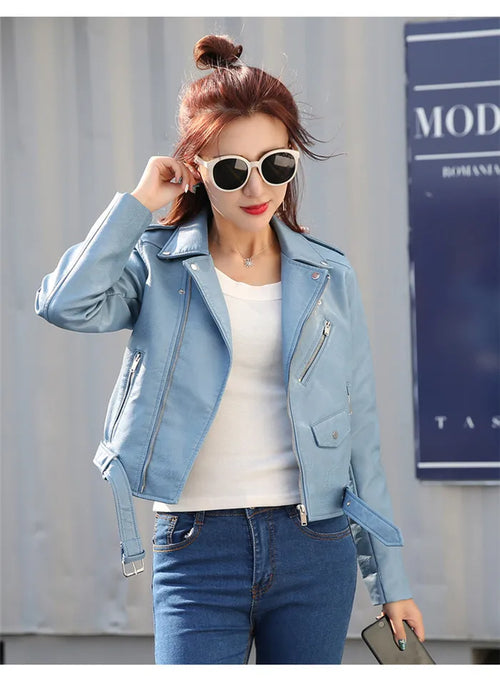 Spring Autumn Motorcycle Leather Jackets Women Short PU Leather Coat