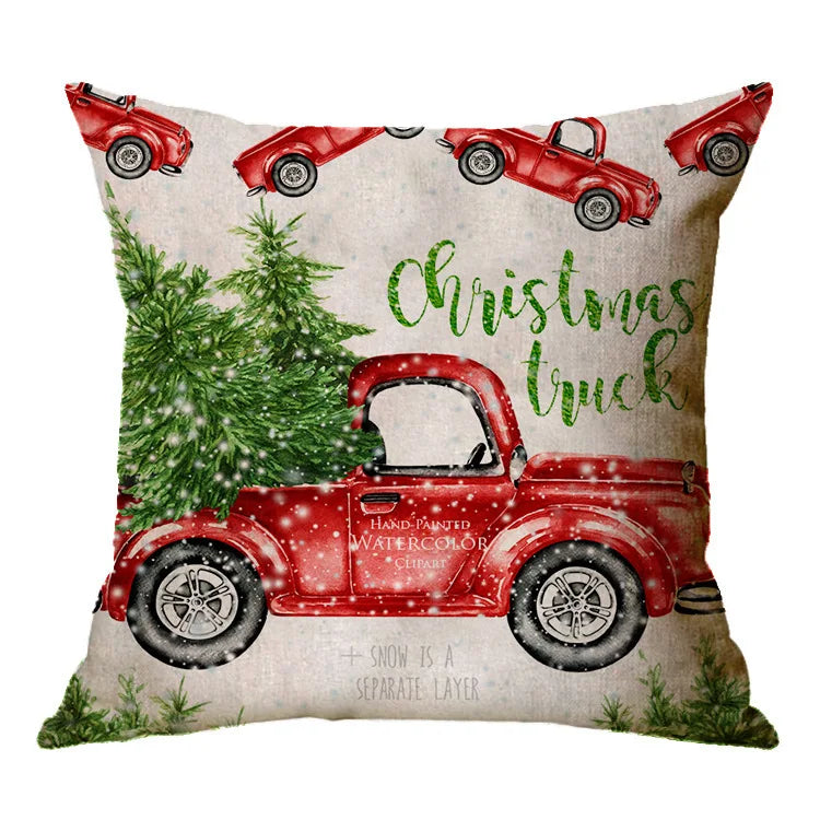 Christmas Elk Santa Cushion Cover 45×45cm, Cartoon Printed Linen Cotton Pillowcase, Festive Holiday Throw Pillow Cover for Sofa, Bed, Chair & Home Decor