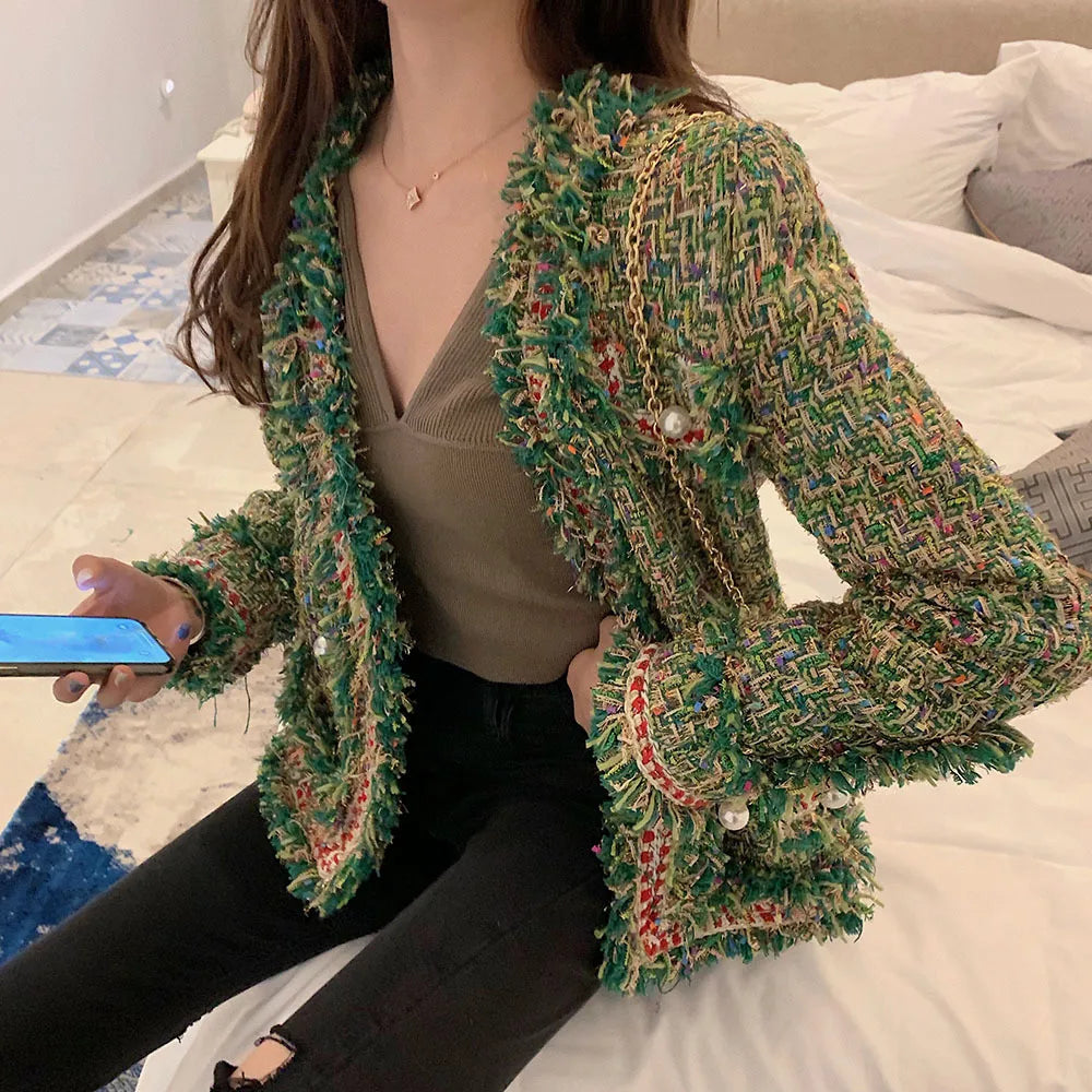Women Single-breasted Vintage Tweed Woolen Jacket Coat Tassel Short