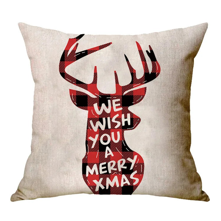 Christmas Elk Santa Cushion Cover 45×45cm, Cartoon Printed Linen Cotton Pillowcase, Festive Holiday Throw Pillow Cover for Sofa, Bed, Chair & Home Decor