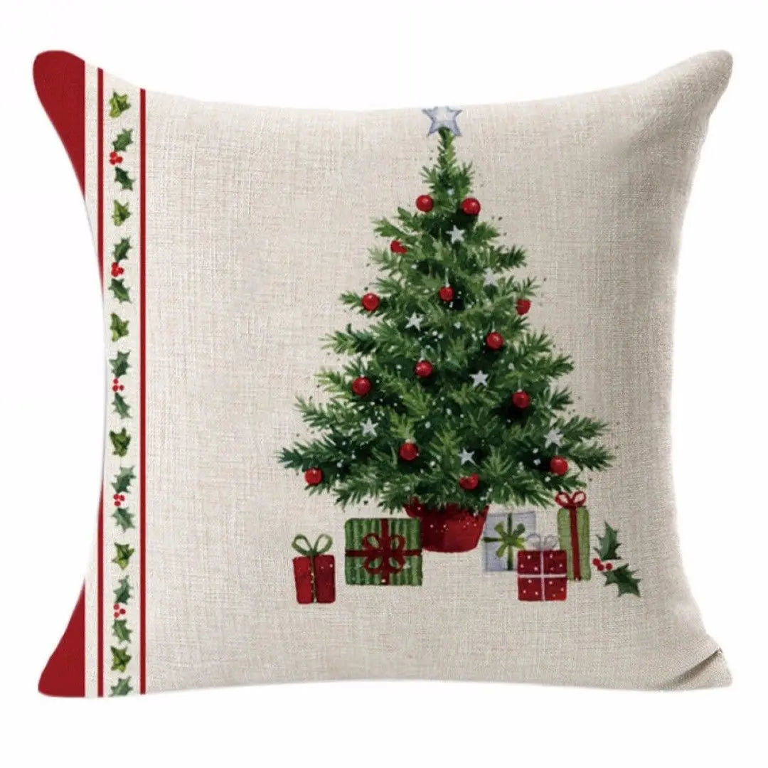 Christmas Elk Santa Cushion Cover 45×45cm, Cartoon Printed Linen Cotton Pillowcase, Festive Holiday Throw Pillow Cover for Sofa, Bed, Chair & Home Decor