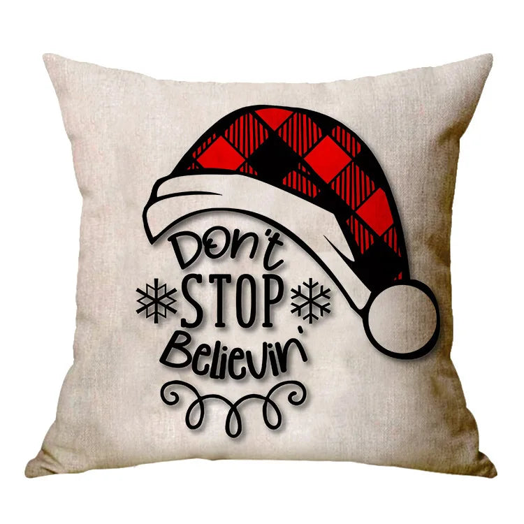 Christmas Elk Santa Cushion Cover 45×45cm, Cartoon Printed Linen Cotton Pillowcase, Festive Holiday Throw Pillow Cover for Sofa, Bed, Chair & Home Decor