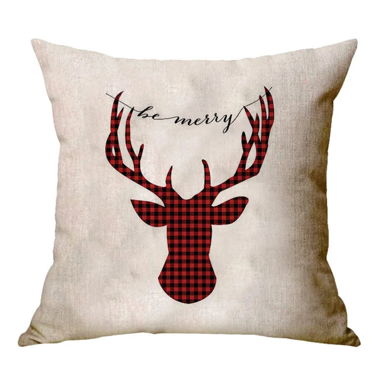 Christmas Elk Santa Cushion Cover 45×45cm, Cartoon Printed Linen Cotton Pillowcase, Festive Holiday Throw Pillow Cover for Sofa, Bed, Chair & Home Decor