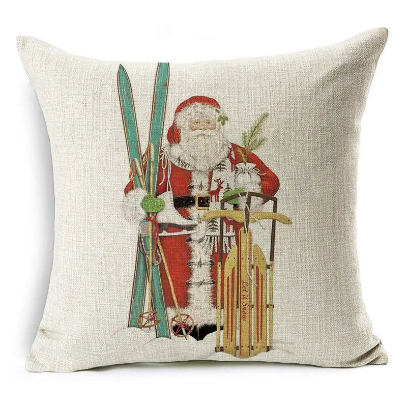 Christmas Elk Santa Cushion Cover 45×45cm, Cartoon Printed Linen Cotton Pillowcase, Festive Holiday Throw Pillow Cover for Sofa, Bed, Chair & Home Decor