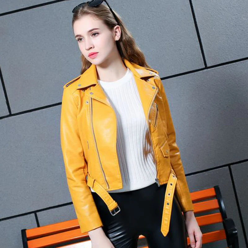 Spring Autumn Motorcycle Leather Jackets Women Short PU Leather Coat