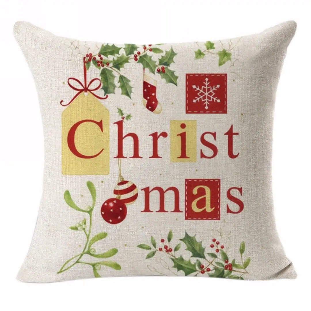 Christmas Elk Santa Cushion Cover 45×45cm, Cartoon Printed Linen Cotton Pillowcase, Festive Holiday Throw Pillow Cover for Sofa, Bed, Chair & Home Decor