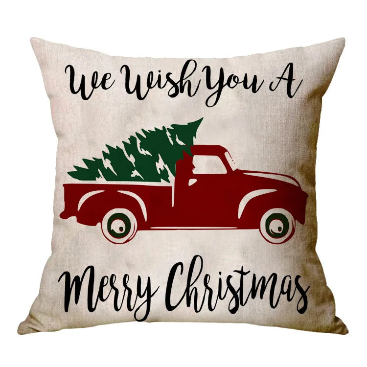 Christmas Elk Santa Cushion Cover 45×45cm, Cartoon Printed Linen Cotton Pillowcase, Festive Holiday Throw Pillow Cover for Sofa, Bed, Chair & Home Decor