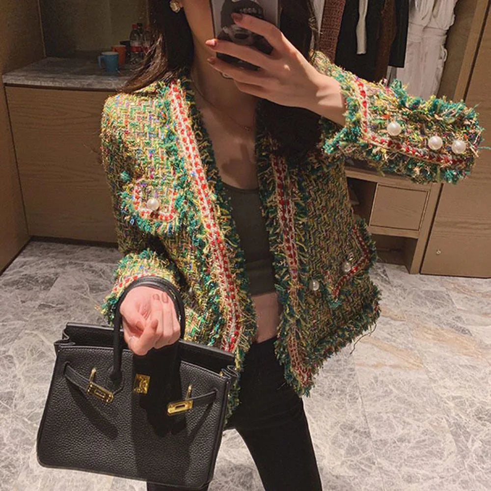 Women Single-breasted Vintage Tweed Woolen Jacket Coat Tassel Short