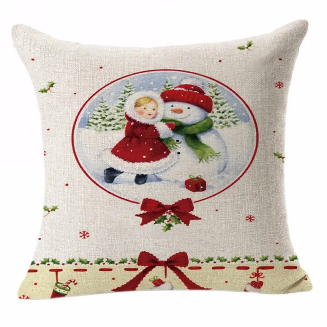 Christmas Elk Santa Cushion Cover 45×45cm, Cartoon Printed Linen Cotton Pillowcase, Festive Holiday Throw Pillow Cover for Sofa, Bed, Chair & Home Decor