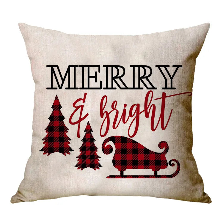 Christmas Elk Santa Cushion Cover 45×45cm, Cartoon Printed Linen Cotton Pillowcase, Festive Holiday Throw Pillow Cover for Sofa, Bed, Chair & Home Decor