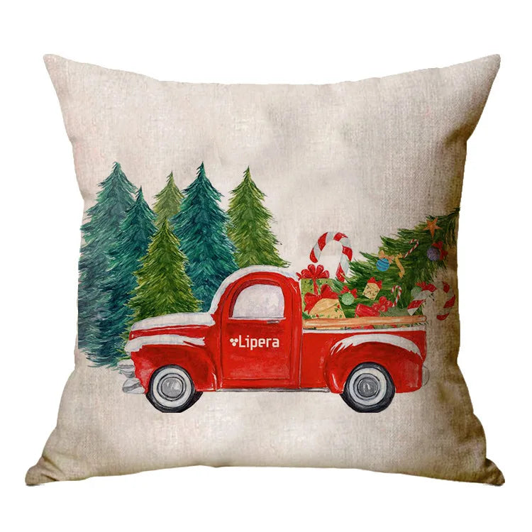 Christmas Elk Santa Cushion Cover 45×45cm, Cartoon Printed Linen Cotton Pillowcase, Festive Holiday Throw Pillow Cover for Sofa, Bed, Chair & Home Decor
