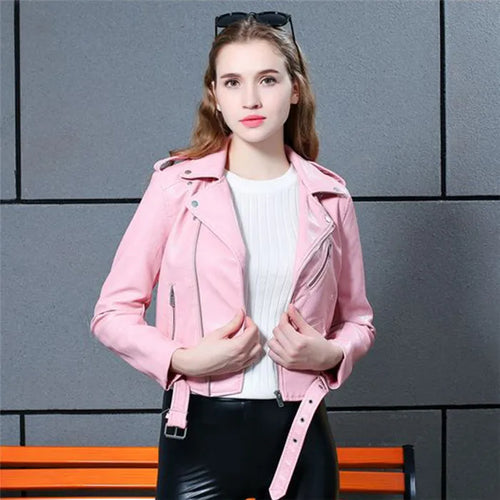 Spring Autumn Motorcycle Leather Jackets Women Short PU Leather Coat